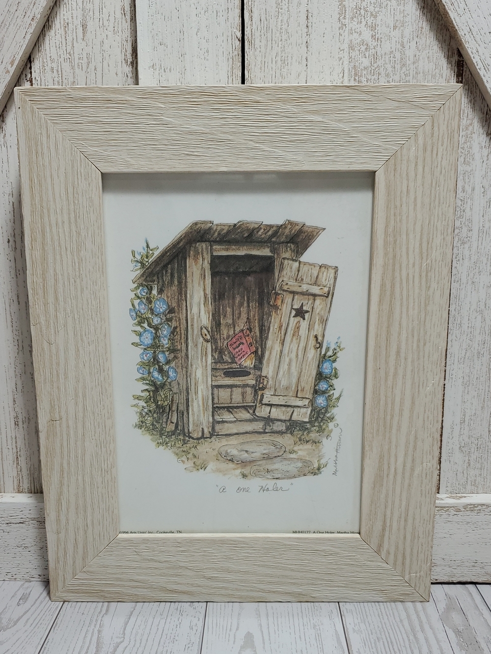 Outhouse with Blue Flowers Wooden Framed Picture Country Farmhouse Decor